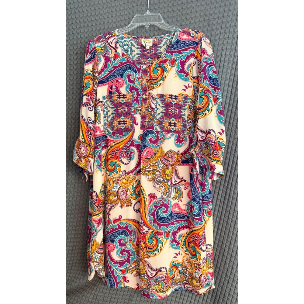 Fig and Flower Tunic Dress Womens Large Multi Paisley Excellent Boho 3/4 Sleeve
